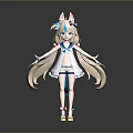 Anime Style Game Character With Cat Ears Long Hair Blue White Kimono And Short Skirt