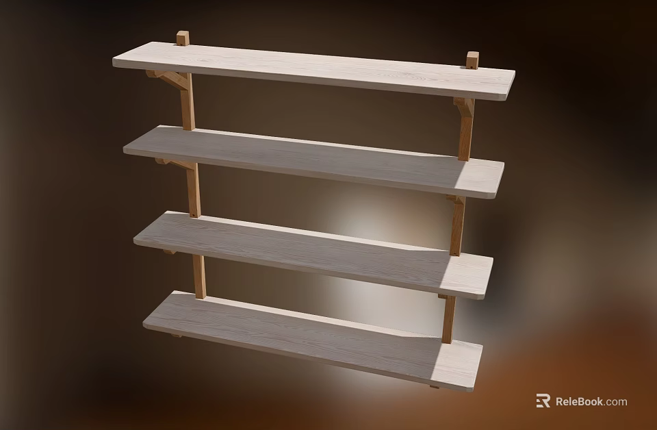 Wooden Wall Mounted Four Tier Shelves With Simple Design For Home Storage 3d model 