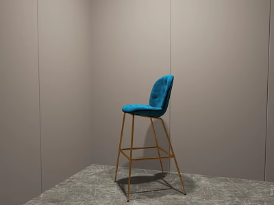 Stylish Blue Bar Stool With Cushioned Seat And Golden Metal Legs Against Grey Wall And Floor 3d model