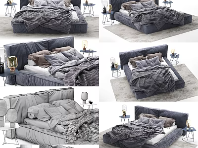Modern Double Bed with Gray Bedding Nightstands and Lamps in Cozy Bedroom 3d model