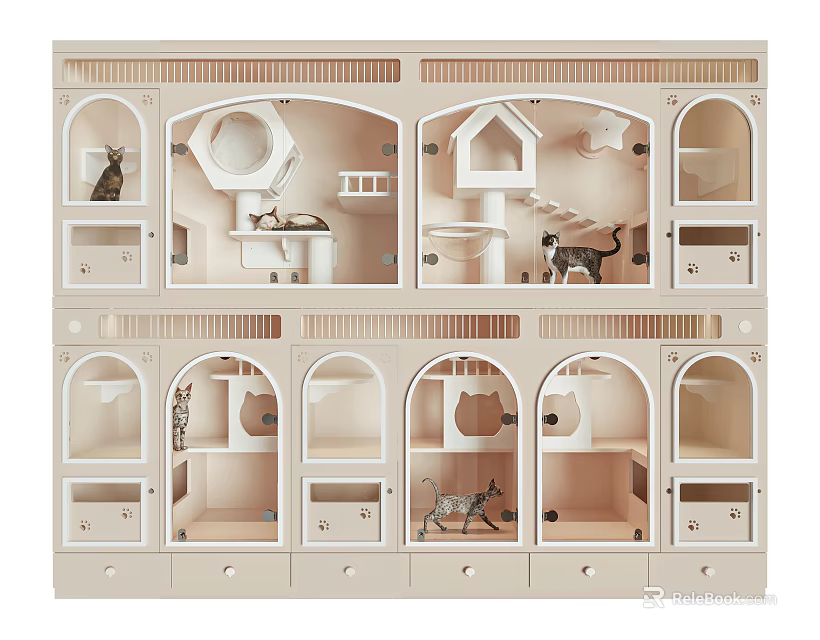 Multi Tiered Wooden Garden Ornament Featuring Open Compartments Platforms and Cat Figurines 3d model 
