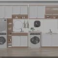 Modern Bathroom Cabinetry with Washing Machine Dryer Upper Cabinets Mirror Sink and Green Plant