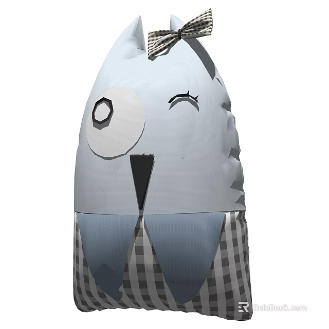 Cute Owl Shaped Pillow With Light Blue Gray Design And Plaid Bottom 3d model 