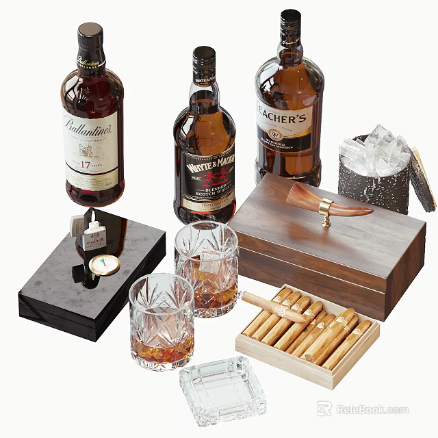 Wine Bottles And Crystal Glasses Filled With Drinks 3d model 