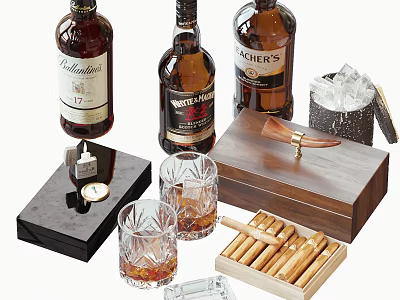 Wine Bottles And Crystal Glasses Filled With Drinks 3d model