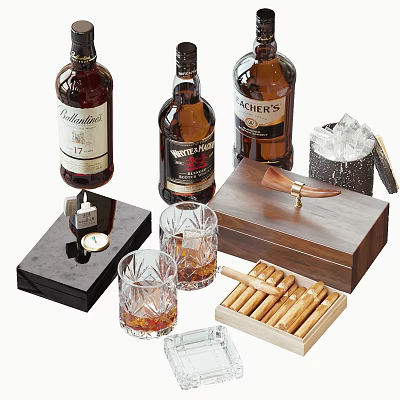 Wine Bottles And Crystal Glasses Filled With Drinks 3d model