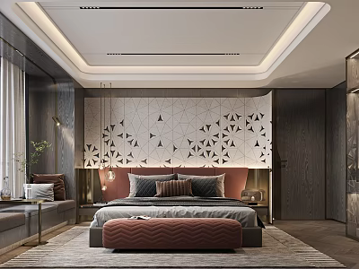 Modern Bedroom Interior Design With Geometric Patterned Wall And Pendant Lights 3d model