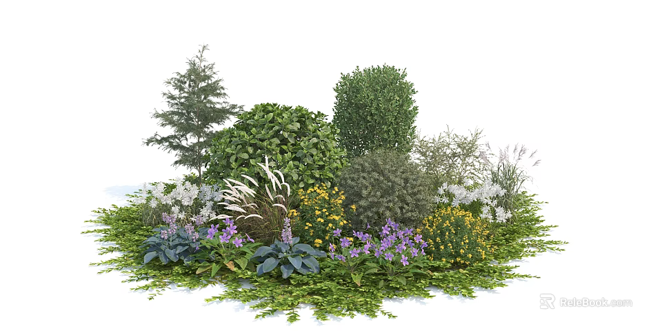 Diverse Shrubs in Garden Landscape with Colorful Flowers and Lush Green Foliage 3d model 