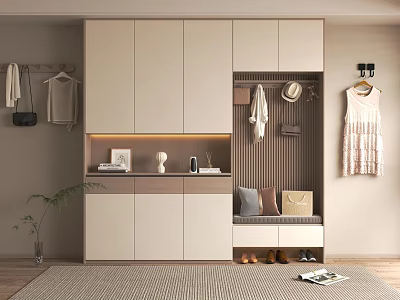 Modern Beige Cloakroom Interior With Cabinets Hanging Clothes Bench Cushions Bags And Shoes 3d model
