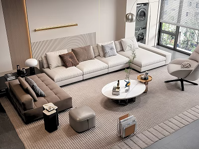 Modern Sofa and Coffee Table Set With Plush Pillows Textured Rug and Accent Chair 3d model