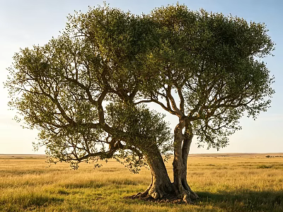Majestic Tree With Thick Trunk And Spreading Branches In Open Grassland Under Blue Sky 3d model