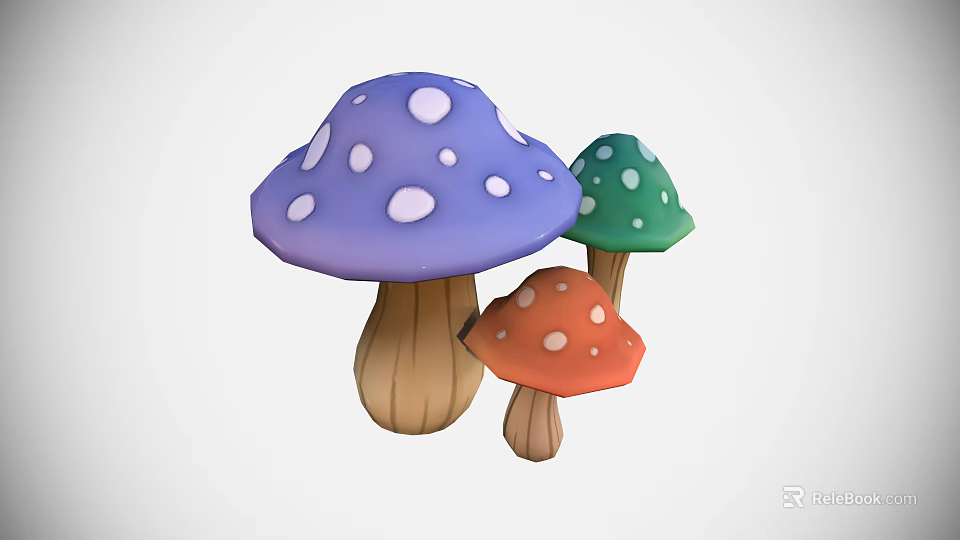 Fresh Colorful Edible Mushrooms Featuring Purple Green Orange Caps White Spots and Brown Stems 3d model 