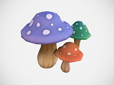 Fresh Colorful Edible Mushrooms Featuring Purple Green Orange Caps White Spots and Brown Stems 3d model