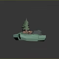 Cartoon Forest Scenery with Orange Fox Green Tree Small Cabin Fallen Log and Stump