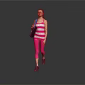 Sporty Female Wearing Striped Tank Top Pink Leggings Purple Sneakers And Blue Backpack