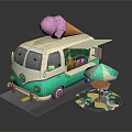 Cute Turquoise Cream Ice Cream Truck With Pink Ice Cream Cone And Umbrella Table