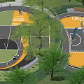 Outdoor Basketball Court With Golden Black Surface Design And Surrounding Green Trees And Hoop 3d model