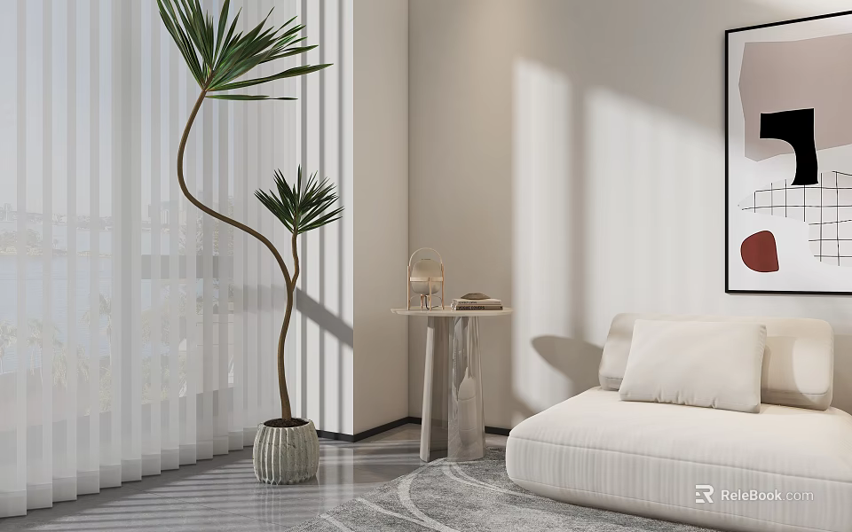 Elegant Modern Living Room Side Table With Sofa Palm Plant Rug And Artwork 3d model 