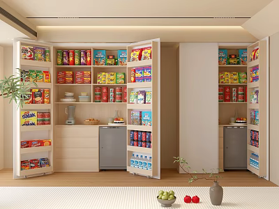 Pantry Storage Cabinets Open And Organized With Canned Goods Boxed Foods In Modern Kitchen Interior 3d model
