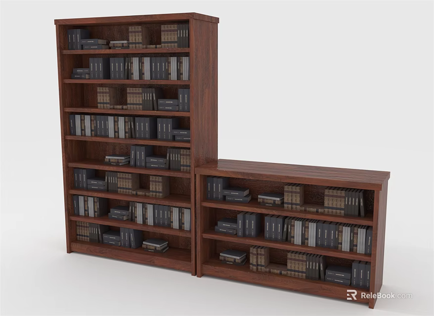 Tall And Low Wooden Bookcases With Shelves Filled With Books For Home Library 3d model 