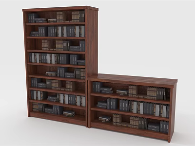Tall And Low Wooden Bookcases With Shelves Filled With Books For Home Library 3d model