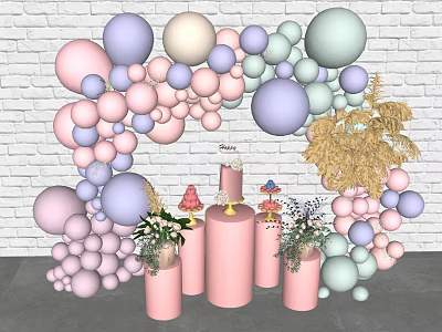 Inflatable Balloon Arch Decoration With Pink Blue White Balloons Green Plants And Brick Wall 3d model