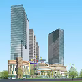Modern High Rise Office Buildings With Commercial Center And Green Plaza