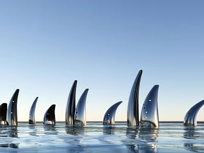 Silver Shark Fin Like Sculptures Standing On Water Surface Under Blue Sky 3d model
