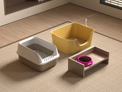 Modern Pet Toilet Litter Boxes In White Gray Yellow With Wooden Tray And Pink Scoop 3d model