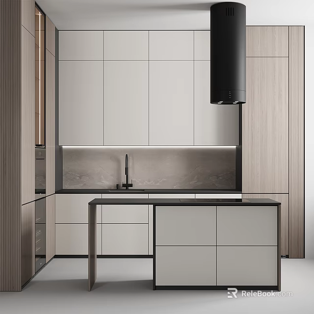Modern Kitchen Interior With White And Wooden Cabinets Island And Range Hood 3d model 