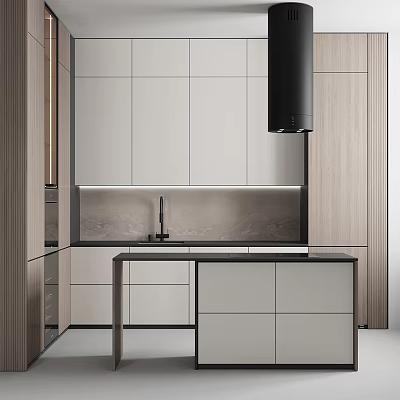 Modern Kitchen Interior With White And Wooden Cabinets Island And Range Hood 3d model