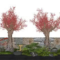 Plant Combination With Red Flowering Trees Green Foliage Stone Wall And Fountain