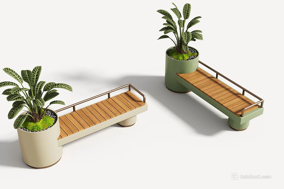 Stylish Outdoor Wooden Bench With Built In Planter And Green Potted Plants For Patio Garden 3d model 