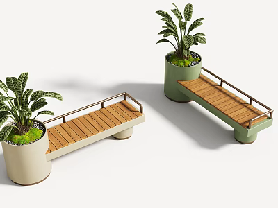 Stylish Outdoor Wooden Bench With Built In Planter And Green Potted Plants For Patio Garden 3d model