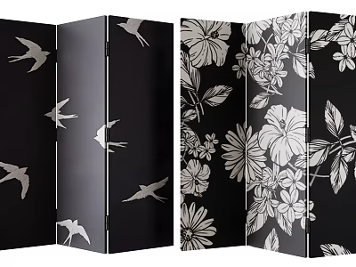 Black Screen Dividers With Silver Bird Floral Patterns 3d model
