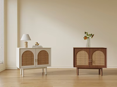 Modern White And Brown Rattan Door Nightstands With Table Lamp And Flower Vase 3d model
