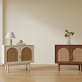 Modern White And Brown Rattan Door Nightstands With Table Lamp And Flower Vase