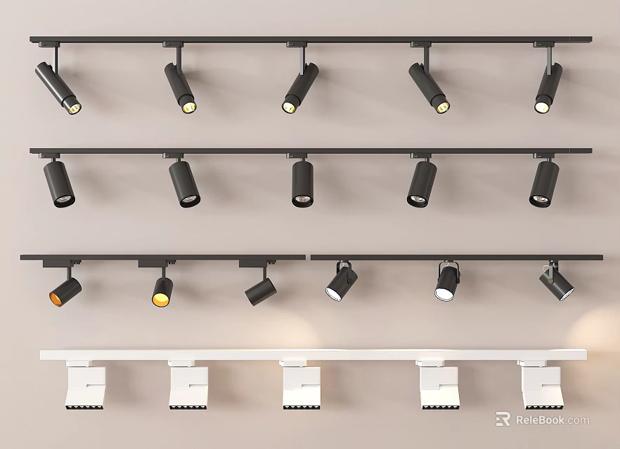 Modern Track Mounted Downlights and Spotlights in Black White Fixture Designs 3d model 