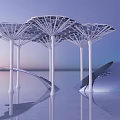 Modern Garden Landscape With White Umbrella Like Structures And Water Reflection 3d model