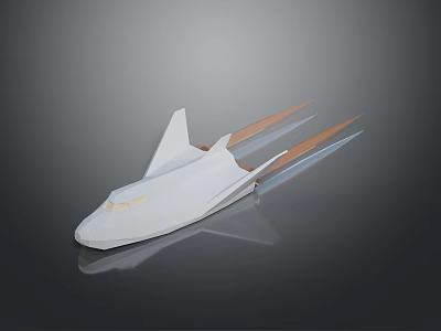White Aerodynamic Spacecraft Model With Orange Flames And Reflective Gray Background 3d model