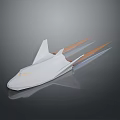 White Aerodynamic Spacecraft Model With Orange Flames And Reflective Gray Background
