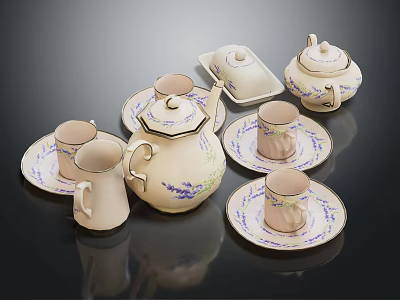 Cream Colored Tea Set With Teapot Teacups Saucers And Purple Floral Patterns 3d model