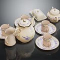 Cream Colored Tea Set With Teapot Teacups Saucers And Purple Floral Patterns