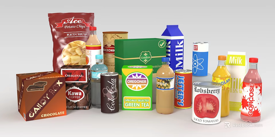 Assorted Food Snacks And Beverages Including Potato Chips Milk Green Tea Chocolate And Tomato Ketchup 3d model 