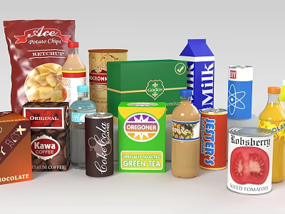 Assorted Food Snacks And Beverages Including Potato Chips Milk Green Tea Chocolate And Tomato Ketchup 3d model