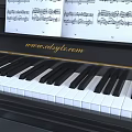 Black Upright Piano With Sheet Music And Leather Piano Bench