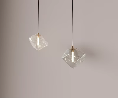 Irregular Clear Glass Pendant Lights With Brass Base Hanging On Light Gray Wall 3d model