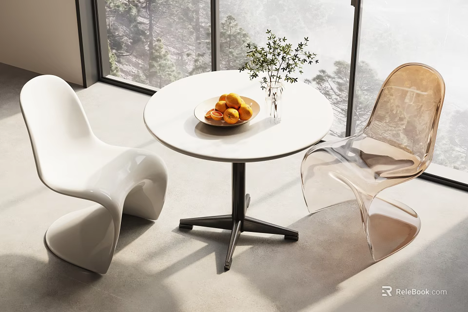 Modern Round White Table With Fruit Plate Vase And White Transparent Acrylic Chairs By Scenic Window 3d model 