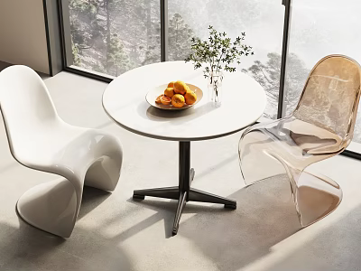 Modern Round White Table With Fruit Plate Vase And White Transparent Acrylic Chairs By Scenic Window 3d model