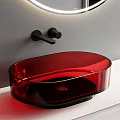 Modern Bathroom Vanity With Red Basin Round Illuminated Mirror White Cabinet And Black Faucet